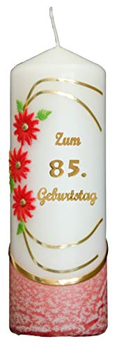 Meissner-Handel Auswahl * Jubiläumskerze/Geburtstagskerze ''Zum 85. Geburtstag'' * rot * mit farbigen Wachsauflagen * (Motiv 021) Auswahl Motiv + Farbe von Meissner-Handel