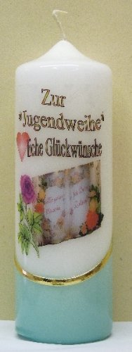 netsells handverzierte Kerze Zur Jugendweihe * Gold. Wachsauflagen * Farbiger Kerzenfuß * 6 x 18 cm *hellgrün (#034) von netSells