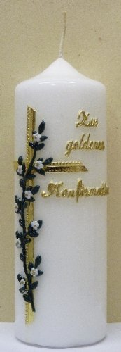 netsells handverzierte Stumpenkerze ''Zur goldenen Konfirmation'' * Kreuz mit weißen Blumen * 6 x 18 cm (Motiv #020) von netSells