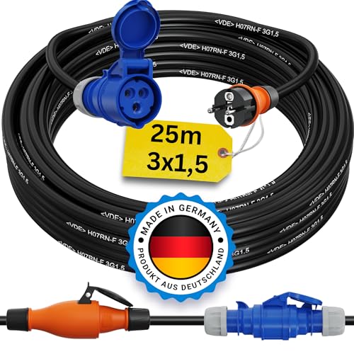 Schuko auf CEE Adapter 25m Camping Stromkabel PCE H07RN-F 3x1,5 Landstromkabel Wohnmobil Wohnwagen Kabel Camping Adapter 25 Meter Strom Verlängerungskabel CEE-Stecker Campingstecker von netbote24