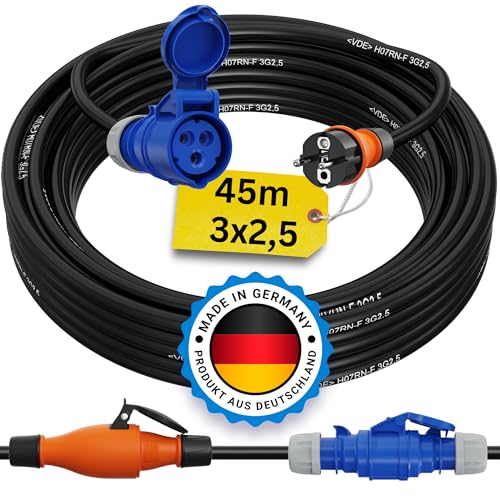 Schuko auf CEE Adapter 45m Camping Stromkabel PCE H07RN-F 3x2,5 Landstromkabel Wohnmobil Wohnwagen Kabel Camping Adapter 45 Meter Strom Verlängerungskabel CEE-Stecker Campingstecker von netbote24