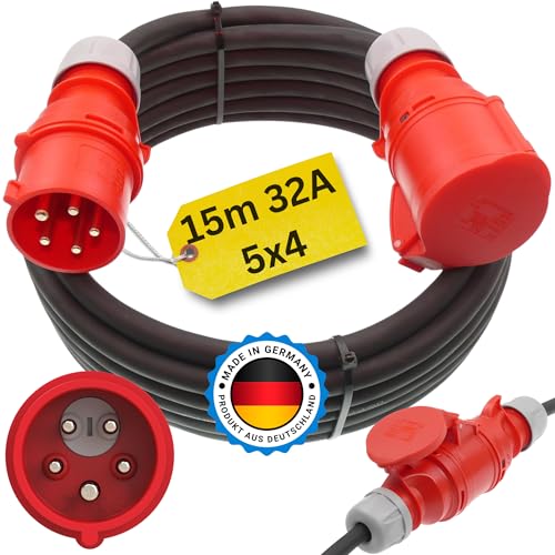 Starkstromkabel 32A 15m mit Phasenwender H07RN-F 5x4 Starkstrom Verlängerungskabel CEE Verlängerung 16 Ampere Kabel 5x4mm2 Baustelle Werkstatt Industrie Geeignet Outdoor IP44 von netbote24