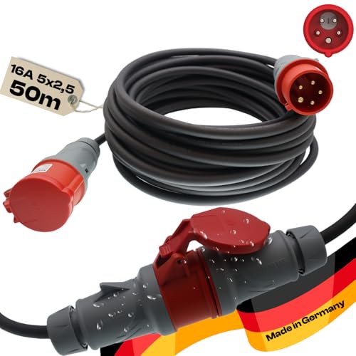 CEE Starkstromkabel Starkstromverlängerung Verlängerungskabel Starkstrom Gummiverlängerung H07RN-F 5X2,5mm² Phasenwender 5P 16A 400V Kraftstromkabel Außenbereich 50m von netbote24