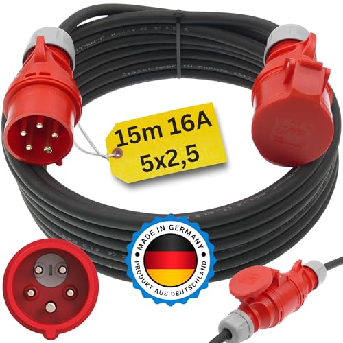 Starkstromkabel 16A 15m mit Phasenwender H07RN-F 5x2,5 Starkstrom Verlängerungskabel CEE Verlängerung 16 Ampere Kabel 5x2,5mm2 Baustelle Werkstatt Industrie Geeignet Outdoor IP44 von netbote24