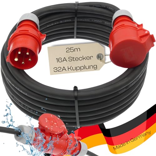 netbote24 CEE-Adapterkabel Starkstromkabel Verlängerungskabel Kraftstromkabel Adapterleitung 16A PCE-Stecker auf 32A Dose Buchse 5 polig H07RN-F 5X2,5 400V 25m von netbote24