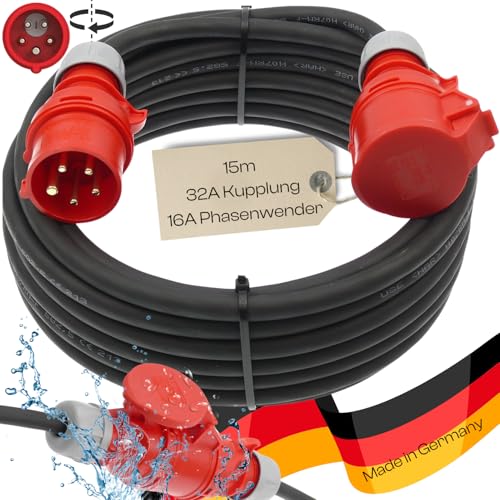 netbote24 CEE-Adapterkabel Starkstromkabel Verlängerungskabel Kraftstromkabel Adapterleitung 16A PCE-Stecker auf 32A Dose Buchse 5 polig H07RN-F 5X2,5 400V mit Phasenwender 15m von netbote24