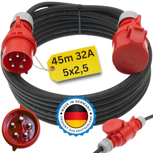netbote24 Starkstromkabel 32A 45m H07RN-F 5x2,5 Starkstrom Verlängerungskabel CEE Verlängerung 32 Ampere Kabel 5x2,5mm2 Baustelle Werkstatt Industrie Geeignet Outdoor IP44 Spritzwassergeschützt von netbote24