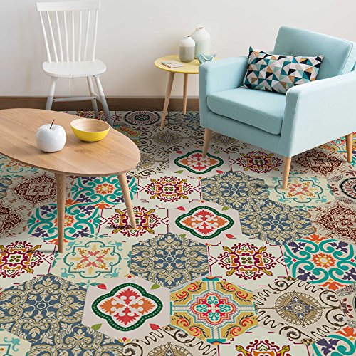 Neukids 30 Stück Selbstklebend Eine Vielzahl von Bodenfliesen, Barock PVC Bodenbelag Selbstklebend, Küche Bad Selbstklebende Vinylboden, Schlafzimmer Wohnzimmer Balkon Büro DIY-Bodenbelage Sechseck von neukids