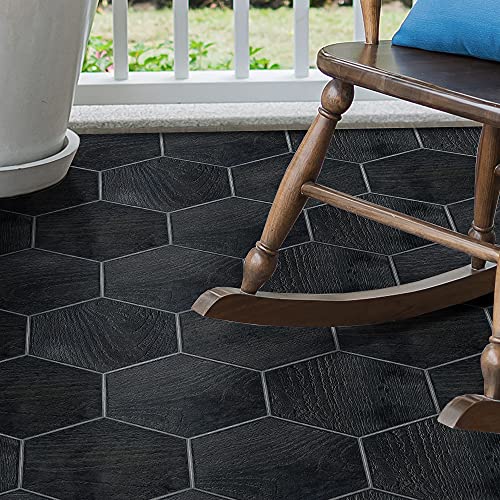 Neukids 30 Stück Selbstklebend Schwarze Holzmaserung Bodenfliesen, PVC Bodenbelag Selbstklebend, Küche Bad Selbstklebende Vinylboden, Schlafzimmer Wohnzimmer Balkon Büro DIY-Bodenbelage Sechseck von neukids