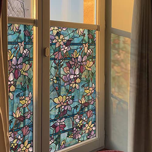 Neukids 90x300cm Doppelseitige Blaue Magnolie Fensterfolie, Statisch Haftend Sichtschutzfolie, Selbstklebende Fensterfolie Buntglas Fensterfolie Muster Schlafzimmer Wohnzimmer Küche Dekorfolie von neukids