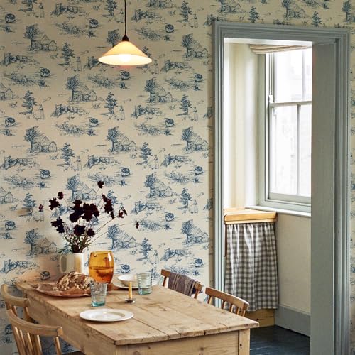 neukids Blaue Landschaft Klebefolie, Selbstklebende Möbelfolie Toile de Jouy, Möbelfolie Dekoration Wohnzimmer Schlafzimmer Hintergrund Schränke Tür Wände Wasserdicht Tapete 40x150cm von neukids