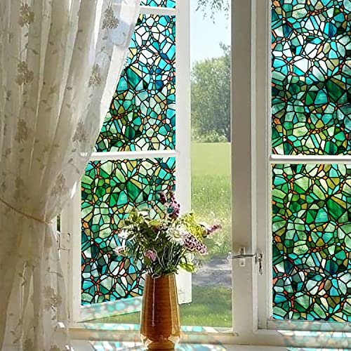 Neukids 90x300cm Doppelseitige Kieferngrüne Kieselsteine Fensterfolie Selbstklebende, Statisch Haftend Sichtschutzfolie, Buntglas Fensterfolie Muster Schlafzimmer Wohnzimmer Dekorfolie von neukids
