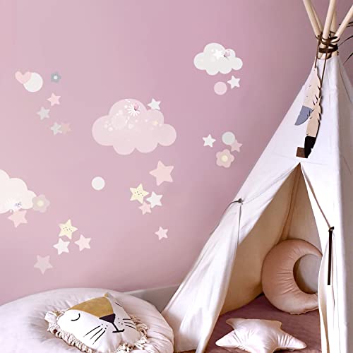 Neukids FABRIC Wolken Wandtattoo, Kinderzimmer Mädchen Wandsticker, Wolke Stern Blume Liebes Wandaufkleber, Mädchenzimmer Schlafzimmer Wohnzimmer Babyzimmer Klassenzimmer Wanddeko von neukids