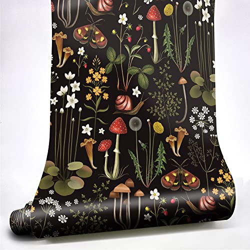 Neukids Klebefolie Blumen Schwarz Mustertapete, Pilze Schnecken Löwenzahn möbelfolie schwarz, Selbstklebende Tapete Blumen, Schlafzimmer Wohnzimmer schrankfolie 2 Rollen 40x250cm von neukids