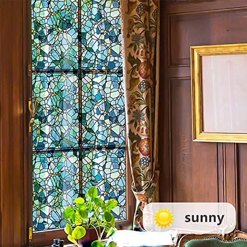 Neukids 90x300cm Fensterfolie Buntglas Doppelseitige Blaue Kieselsteine, Selbstklebende Fensterfolie Statisch Haftend Sichtschutzfolie, Fensterfolie Muster Schlafzimmer Wohnzimmer Küche Dekorfolie von neukids