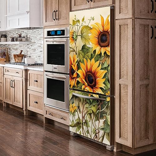 Neukids Vintage Sonnenblume Blumenfeld-A Kühlschrank Aufkleber,Abziehen und Aufkleben Vinyl Gelbe Blume Kühlschrank Tür,aufkleber küche Tür,Kühlschrank folie Schlafzimmer Home Ornament von neukids