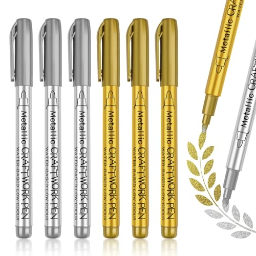 Metallic Marker Stifte Gold Silber, 6 Markierstifte Metallic Gold Silber Acrylstifte Stift Gold Silber Wasserfest für Glas Leinwand Stein Metall Papier Grabstein Goldstift von newatty
