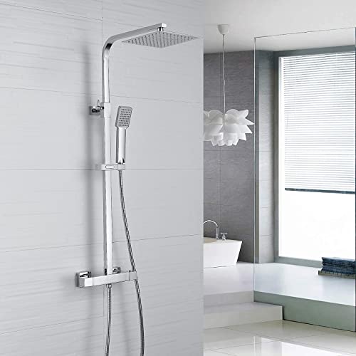 Thermostat-Dusch-Set, NewEast Quadratisches Chrom-Badezimmer-Thermostat-Duschsystem mit verstellbarem 20,3 cm Überkopf-Regenduschkopf und Handbrause Thermostat-Dusch-Set, NewEast Quadratisches Chrom-Badezimmer-Thermostat-Duschsystem mit verstellbarem 20,3 cm Überkopf-Regenduschkopf und Handbrause von neweast
