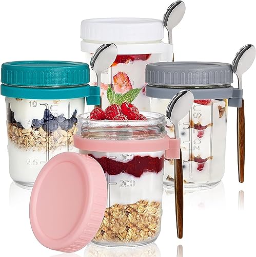 newgulzar 4er Set overnight oats gläser，350ml Glas Müslibecher to go mit Deckel und Löffel，Preserving Jars with Screw Lid for Salad, Yogurt, Pudding, Chutney Jam, Reusable Cereal Cups as Mason Jar von newgulzar