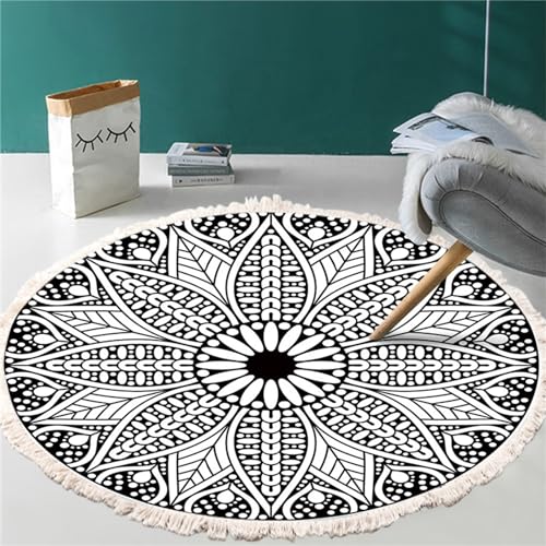 Teppich Rund,Rund Boho Teppich Wohnzimmer Teppich Rund Mandala mit Quasten,Baumwollteppich Mandala Rutschfest Abwaschbar,für Teppich Schlafzimmer Flur Wohnzimmer Kinderzimmer (60 x 60 cm, Schwarz) von newgulzar