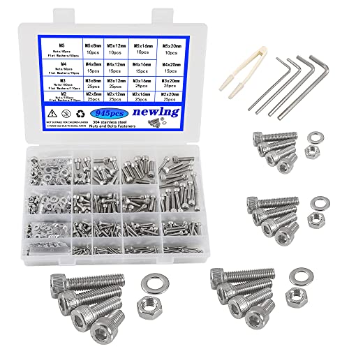 newlng Schrauben Set M2 M3 M4 M5 Schrauben mit Muttern und Unterlegscheiben Set Edelstahl 304 Innensechskant Zylinder für DIY Befestigungs mit Aufbewahrungsbox Sortiment +Schraubenschlüssel 940pcs von newlng