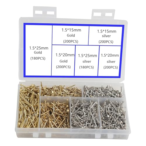 newlng Kleine Nägel kleine Holznägel kompakte antike DIY dekorative Box Zubehör Mini Nägel Gold Silber 1,5x16mm, 1,5x19mm, 1,5x25mm in einer Box 1160PCS verpackt von newlng