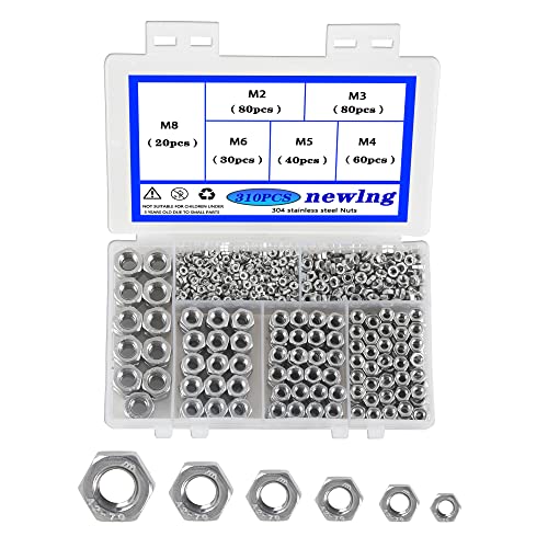 newlng M2 M3 M4 M5 M6 M8 Muttern Sechskantmutter 310 Stück DIN 934 / ISO 4032 Edelstahl 304 Sicherungsmutter Selbstsichernde Sechskantmutter für Schrauben und Unterlegscheiben Set von newlng