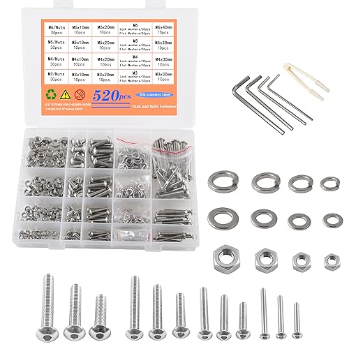 newlng Schrauben set M3 M4 M5 M6 Schrauben und Muttern Unterlegscheiben Schraubenschlüssel, 304 Edelstahl Linsenkopfschrauben Rund-Knopfkopf Schraubenset mit Sortiment Box 525pcs von newlng