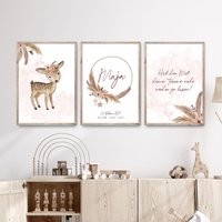 Boho-Blumenkranz, Mit Rehkitz Und Spruch Name, Poster-Set Kinderzimmerbilder Im Boho-style Pampas Blüten Boho-Blumenkranz, Mit Rehkitz Und Spruch Name, Poster-Set Kinderzimmerbilder Im Boho-style Pampas Blüten von ngmSTYLE