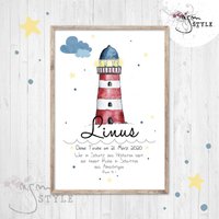 Leuchtturm Poster, Geschenk Zur Taufe Oder Geburt, A4, Individuell Mit Name Und Daten Bzw. Spruch von ngmSTYLE