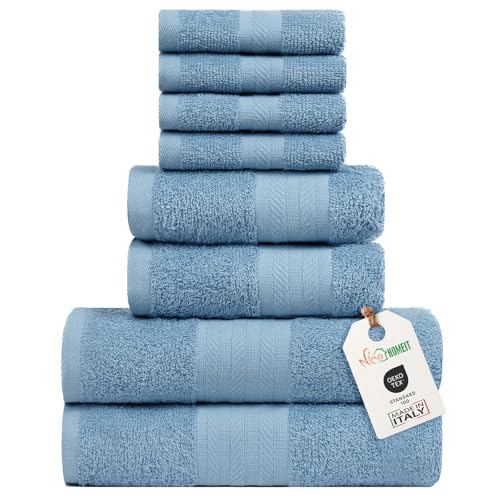 nice homeit Handtuch-Set, mittelgroß, aus 100% Baumwolle, 8 Stück, hergestellt in Italien, extra weich, saugfähig, 2 Handtücher + 2 Gästetücher + 4 Waschlappen (Blau) von nice homeit