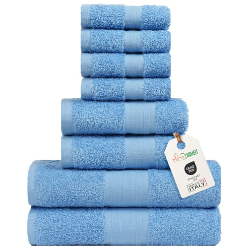 nice homeit Handtuch-Set aus 100% ringgesponnener Baumwolle, 8 Stück, Badetücher, hergestellt in Italien, Fitnessstudio, Hotel und Spa. Sehr saugfähig (Hellblau) von nice homeit