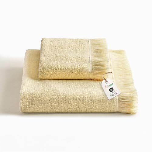 nice homeit Set mit 2 Handtüchern mit Fransen aus 100 % natürlicher ringgesponnener Baumwolle – weich, sehr saugfähig, dünn, leicht, schnell trocknend, hergestellt in Italien, Beige von nice homeit