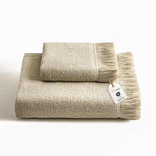 nice homeit Set mit 2 Handtüchern mit Fransen aus 100 % natürlicher ringgesponnener Baumwolle – weich, sehr saugfähig, dünn, leicht, schnell trocknend – Made in Italy Taupe von nice homeit