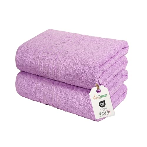 nice homeit Set mit 2 großen Badetüchern, 100 x 150 cm, extra großes Badetuch aus 100% ringgesponnener Baumwolle, extra weich und saugfähig, hergestellt in Italien, Violett von nice homeit