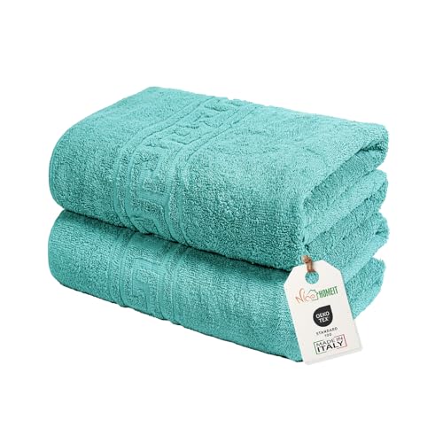 nice homeit Set mit 2 großen Badetüchern, 100 x 150 cm, extra großes Badetuch aus 100% ringgesponnener Baumwolle, extra weich und saugfähig, hergestellt in Italien (Wasserblau) von nice homeit