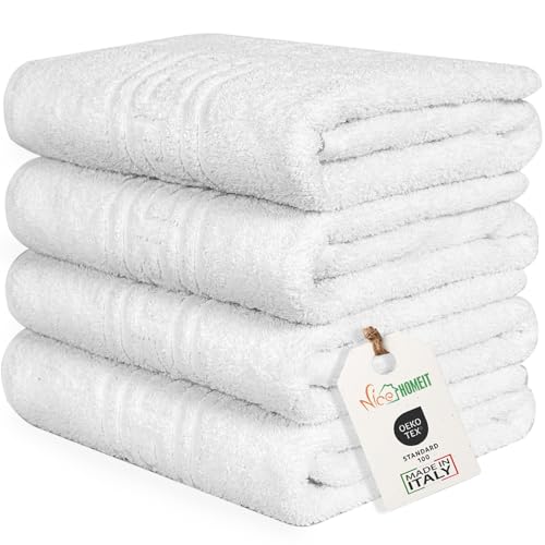 nice homeit Set mit 4 Badetüchern aus 100% ringgesponnener Baumwolle, extra weich und saugfähig, hergestellt in Italien, Weiß (60 x 100 cm) von nice homeit
