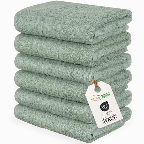 nice homeit Set mit 6 Gesichts- und Gästehandtüchern aus Baumwolle, 40 x 60 cm, aus 100% ringgesponnener Baumwolle, extra weich und saugfähig, hergestellt in Italien, Grün von nice homeit