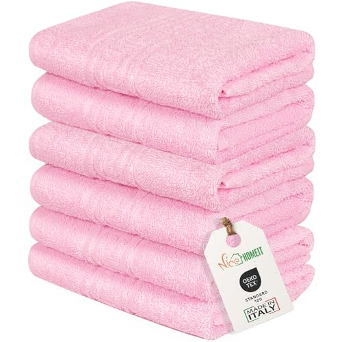 nice homeit Set mit 6 Gesichts- und Gästehandtüchern aus Baumwolle, 40 x 60 cm, aus 100% ringgesponnener Baumwolle, extra weich und saugfähig, hergestellt in Italien, Rosa von nice homeit