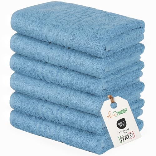 nice homeit Set mit 6 Handtüchern für Gesicht und Hände 40 x 60 cm – Badetücher aus 100% ringgesponnener Baumwolle – extra weich und saugfähig – Made in Italy – Blau von nice homeit