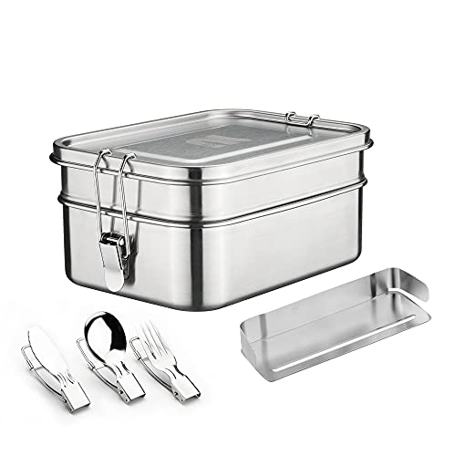 nicelock Edelstahl Brotdose 2 Etagen große Erwachsenen Lebensmittelbehälter Lunchbox aus Edelstahl Brotdose mit 1960 ml (760ml + 1200 ml) Fassungsvermögen von nicelock