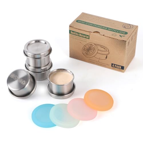 nicelock Dressing Behälter Edelstahl(4 Stück) Kleine Dosen Frischhaltedosen Mit Deckel Geeignet für die Aufbewahrung von Saucen | 50ml | Auswechselbare Silikonhülle | Auslaufsicher von nicelock
