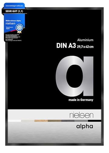 nielsen Bilderrahmen, 29,7 x 42 cm (A3), Aluminium, Schwarz glanz, Posterrahmen zum Aufhängen im Hoch- & Querformat, Echtglas, Alpha von nielsen
