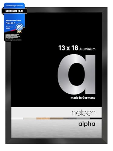 nielsen Bilderrahmen, 13 x 18 cm, Aluminium, Schwarz glanz, Fotorahmen zum Auftstellen und Aufhängen im Hoch- & Querformat, Echtglas, Alpha von nielsen