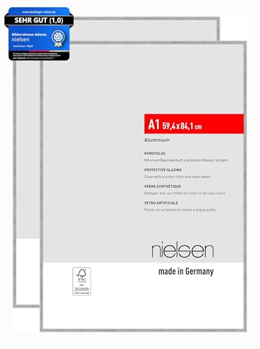 nielsen Bilderrahmen, 59,4 x 84,1 cm (A1) (2er Set), Aluminium, Silber matt, Posterrahmen zum Aufhängen im Hoch- & Querformat, bruchsicheres Kunstglas, Atlanta von nielsen