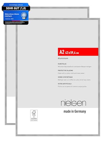 nielsen Bilderrahmen, 42 x 59,4 cm (A2) (2er Set), Aluminium, Silber matt, Posterrahmen zum Aufhängen im Hoch- & Querformat, bruchsicheres Kunstglas, Atlanta von nielsen