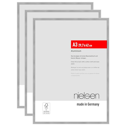 nielsen Bilderrahmen Atlanta, 29,7 x 42 cm (A3) (3er Set), Struktur Silber Matt, Aluminium, für Poster und Bilder, bruchsicheres Acrylglas, Hoch- und Querformat, stabile Rückwand von nielsen