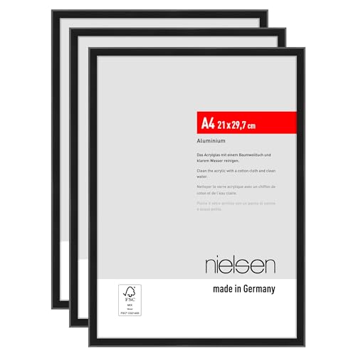 nielsen Bilderrahmen Atlanta, 21 x 29,7 cm (A4) (3er Set), Schwarz Matt, Aluminium, für Poster und Bilder, bruchsicheres Acrylglas, Hoch- und Querformat, stabile Rückwand von nielsen