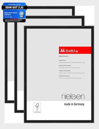 nielsen Bilderrahmen, 21 x 29,7 cm (A4) (3er Set), Aluminium, Schwarz matt, Dokumentenrahmen zum Aufhängen im Hoch- & Querformat, bruchsicheres Kunstglas, Atlanta von nielsen