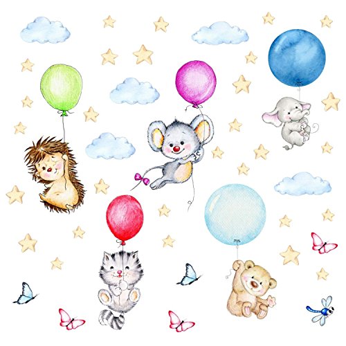 123 Wandtattoo niedliche Tiere mit Luftballons in 6 Größen - Kinderzimmer Sticker Aufkleber Wanddeko Wandbild Junge Mädchen Baby - Größe 1000 x 560 mm von nikima Schönes für Kinder